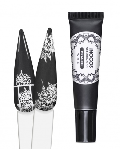 Gel de estampagem INOCOS branco com decoração floral em unhas artificiais