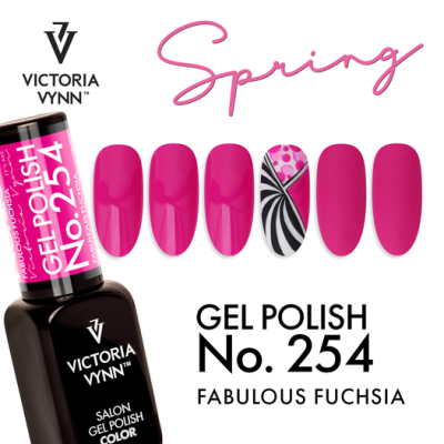 Verniz de gel Victoria Vynn Fabulous Fuchsia No. 254 com amostras de unhas cor rosa fúcsia e decorada com padrão zebrado