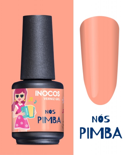 Verniz gel INOCOS NÓS PIMBA cor pêssego com rótulo ilustrado e amostra da cor