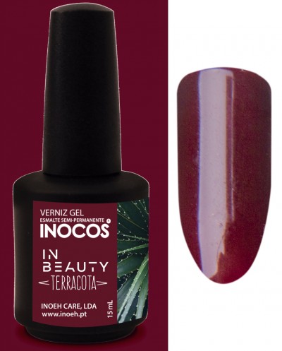 Frasco de verniz gel INOCOS terracota com amostra da cor