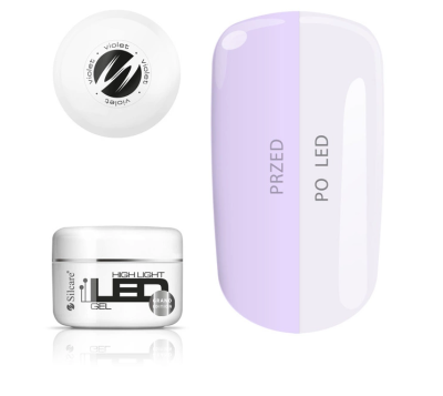 Gel para unhas LED Silcare com exemplo de cor violeta e lilás antes e depois do LED