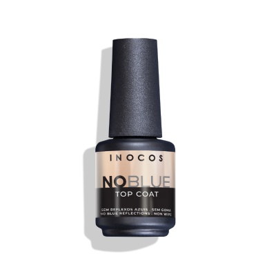 Frasco de verniz para unhas INOCOS NOBLUE TOP COAT preto fosco com rótulo bege e preto