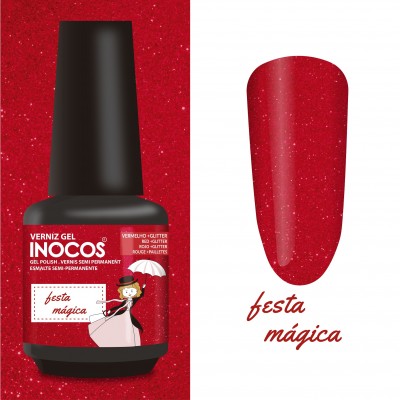 Frasco de verniz gel vermelho com glitter e amostra da cor