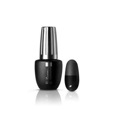 Frasco preto fosco de verniz de unhas com tampa prateada e alisador preto.