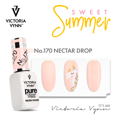 Verniz de unhas Vitória Vynn No.170 Nectar Drop com três amostras de cor rosa claro e design de unicórnio.