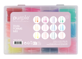 Caixa plástica com formas para unhas coloridas e etiqueta roxa da marca purple PROFESSIONAL