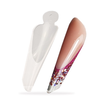 Duas unhas artificiais, uma transparente e outra decorada com glitter e degradê