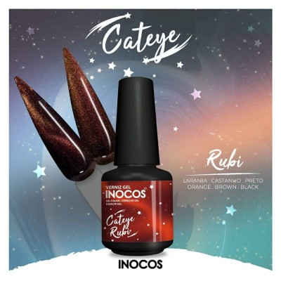 Frasco de verniz gel INOCOS Cateye Rubi com amostras de cor e fundo estrelado