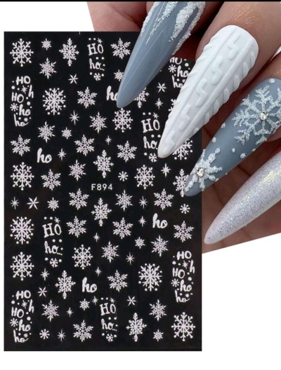 Folha de autocolantes para unhas com flocos de neve e texto Ho ho em branco