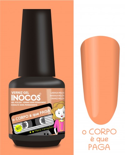 Frasco de verniz gel laranja melão INOCOS com desenho e texto ao lado