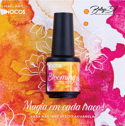 Frasco de verniz gel INOCOS Blooming em fundo aquarela laranja e rosa