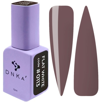 Verniz de unhas DNKA lilás com rótulo FLAT WHITE code #0113 e amostras de cor castanho acinzentado