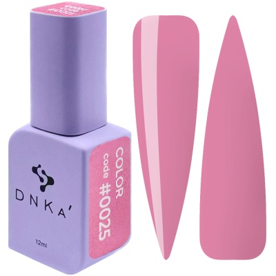 Frasco de verniz de unhas DNKA cor rosa e duas amostras de cor rosa