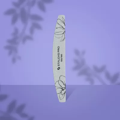 Lima de unhas Staleks Pro cinzenta com desenhos de flores pretas em fundo roxo