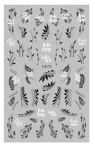 Decalques para unhas com estampas de folhas e frases em branco sobre fundo cinzento