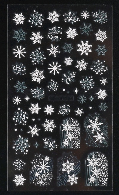 Folha de autocolantes de flocos de neve brancos e azuis para decoração.