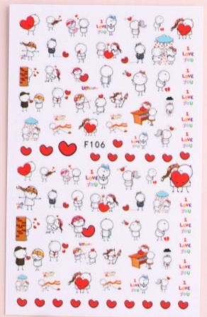 Folha com autocolantes de personagens animados românticos com corações vermelhos e texto I LOVE YOU