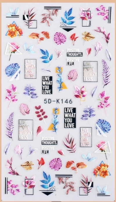 Folhas e flores coloridas e frases motivacionais em fundo branco.