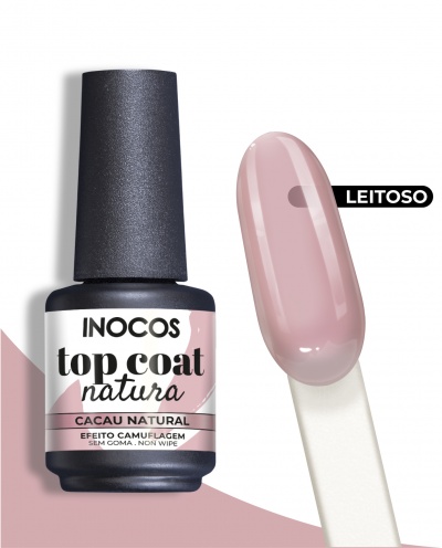 Frasco de verniz INOCOS top coat Natura Cacau Natural e amostra de cor leitosa