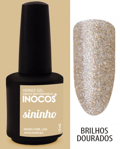 Verniz gel preto com rótulo bege e amostra de cor com brilhos dourados