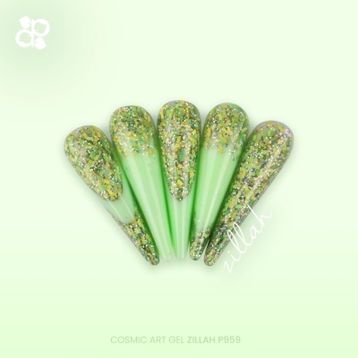 Unhas postiças verdes com glitter dourado e assinatura zillah