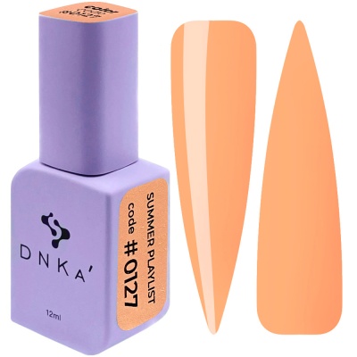Esmalte de unhas DNKA' roxo fosco com rótulo laranja e código #0127 e duas amostras de cor pêssego