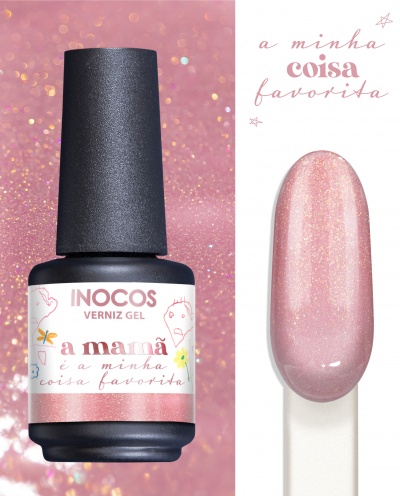 Frasco de verniz gel INOCOS rosa cintilante com rótulo personalizado e amostra da cor