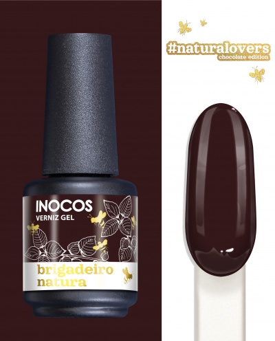 Frasco de verniz gel INOCOS castanho brigadeiro natura com design floral e abelhas