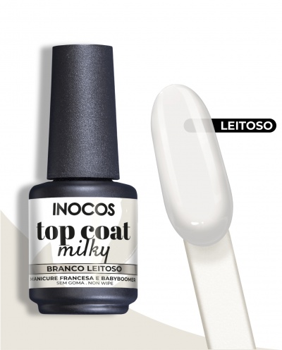 Frasco de verniz INOCOS top coat milky branco leitoso e amostra da cor
