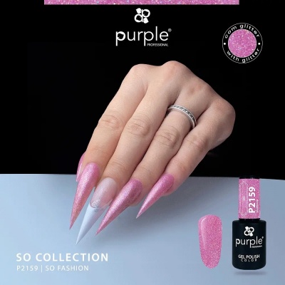 Unhas longas em rosa glitter e branco com verniz gel Purple Professional SO Collection P2159