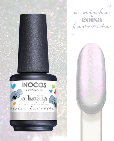 Frasco de verniz gel INOCOS com rótulo decorado com coalas e corações e amostra de verniz rosa perolado