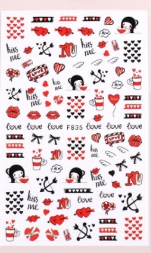 Folha de autocolantes variados com temas de amor em vermelho, preto e branco.