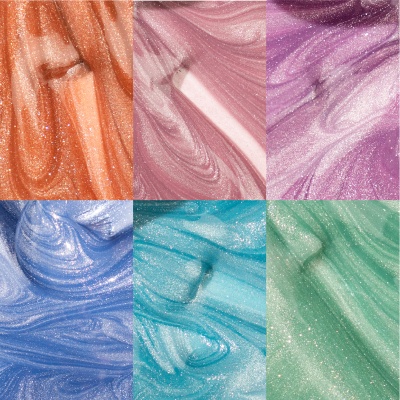 Texturas líquidas brilhantes em seis cores: laranja, rosa, roxo, azul, turquesa e verde.