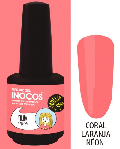 Verniz gel Inocos coral laranja néon com rótulo rosa e desenho