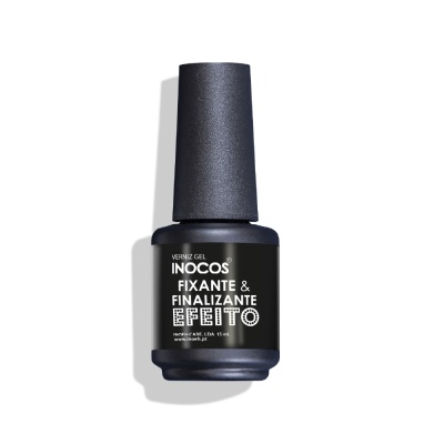 Frasco preto de verniz gel Inocos com texto branco