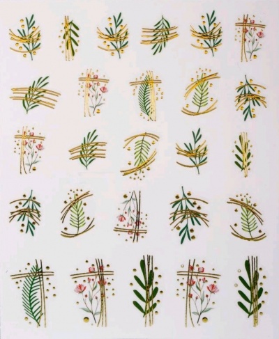 Padrão de folhas e flores estilizadas com detalhes dourados em fundo branco