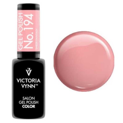 Frasco de verniz de gel Victoria Vynn rosa claro com tampa preta e amostra da cor