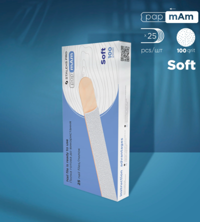 Embalagem azul de palitos mAm Soft com 25 unidades e grão 100