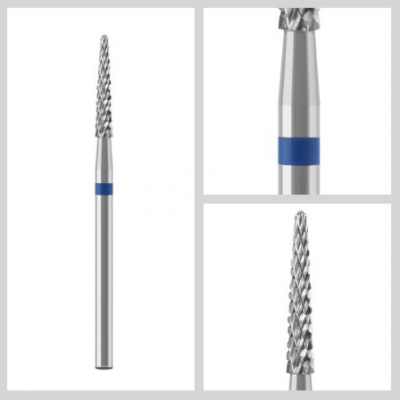 Broca metálica prateada com faixa azul em fundo branco