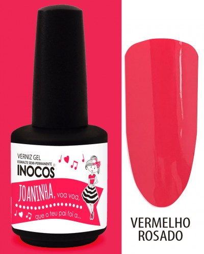 Frasco de verniz gel Inocos com padrão de unha vermelho rosado