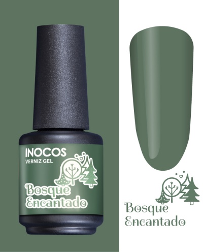 Frasco de verniz gel verde musgo Bosque Encantado da INOCOS com tampa preta