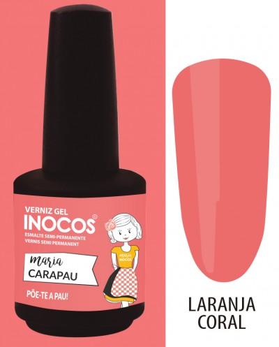 Frasco de verniz gel INOCOS cor Laranja Coral com desenho de rapariga na etiqueta