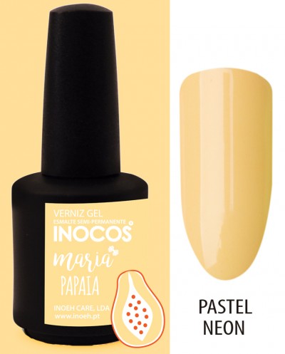 Frasco de verniz gel preto com rótulo amarelo e amostra de verniz amarelo pastel