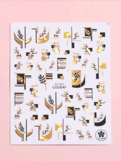Folha de autocolantes decorativos com padrão dourado e preto sobre fundo branco e rosa