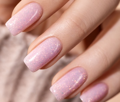 Unhas com verniz rosa glitter
