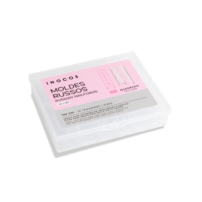 Caixa transparente com moldes russos para unhas quadradas