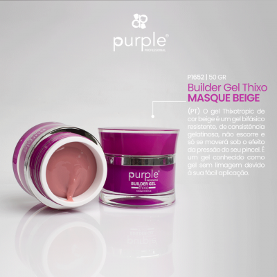 Frascos de gel Builder Gel Thixo cor Masque Beige da Purple Professional com descrição técnica em português.