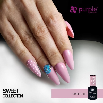 Unhas compridas almendradas cor-de-rosa com decoração e verniz Purple Professional