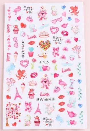 Folha de autocolantes coloridos com corações, flamingos, cupcakes, flores e texto