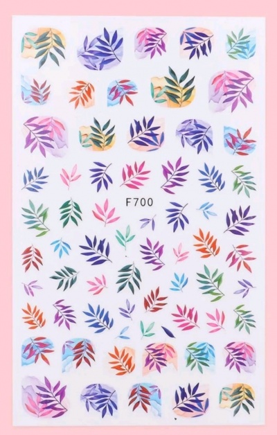 Adesivos para unhas com folhas coloridas em vários tamanhos e o código F700